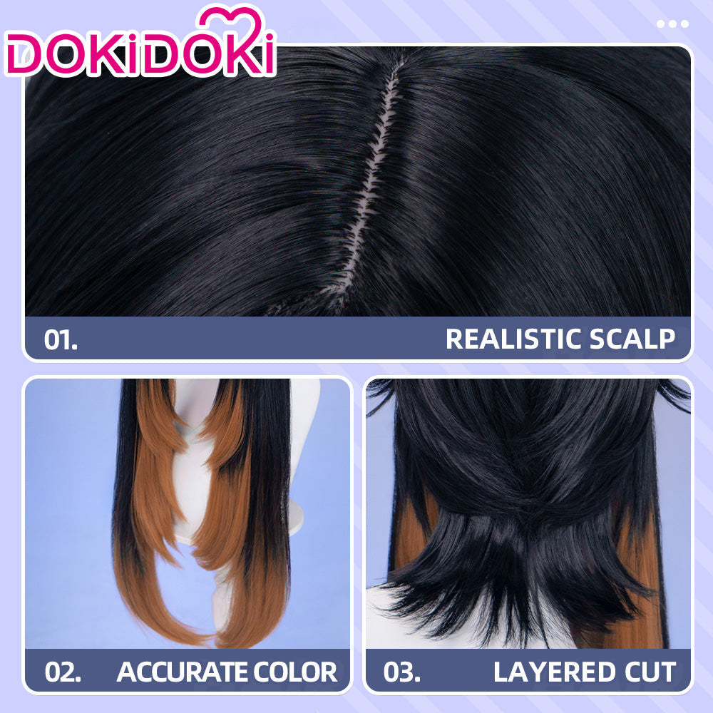 DokiDoki Anime GACHIAKUTA Cosplay Amo Wig / Tattoo Long Black Copper Brown Straight Gradient Hair