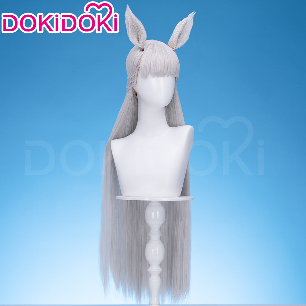 DokiDoki Game Cosplay Wig Long Straight Silver Hair Detachable Ears