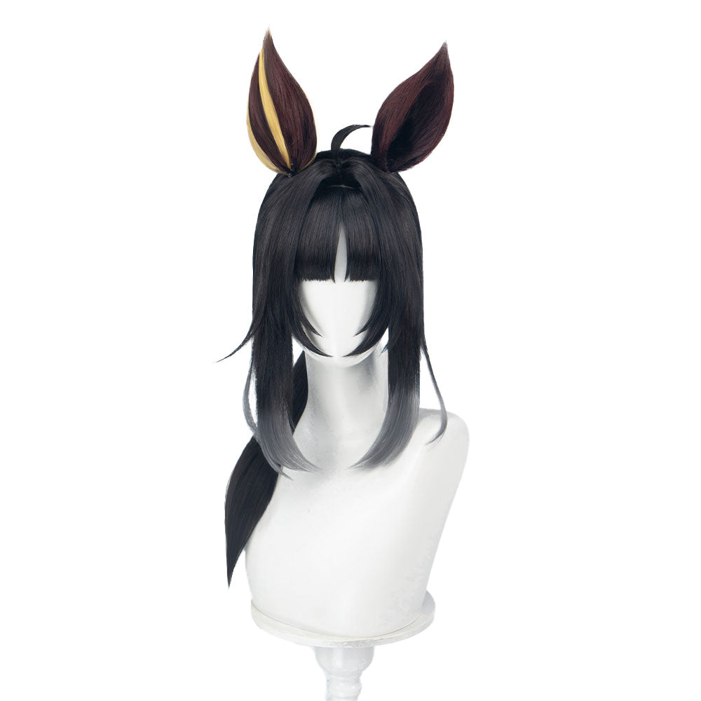 DokiDoki Game Cosplay Wig Long Straight Black Hair Ponytail Brown Yellow Detachable Ears