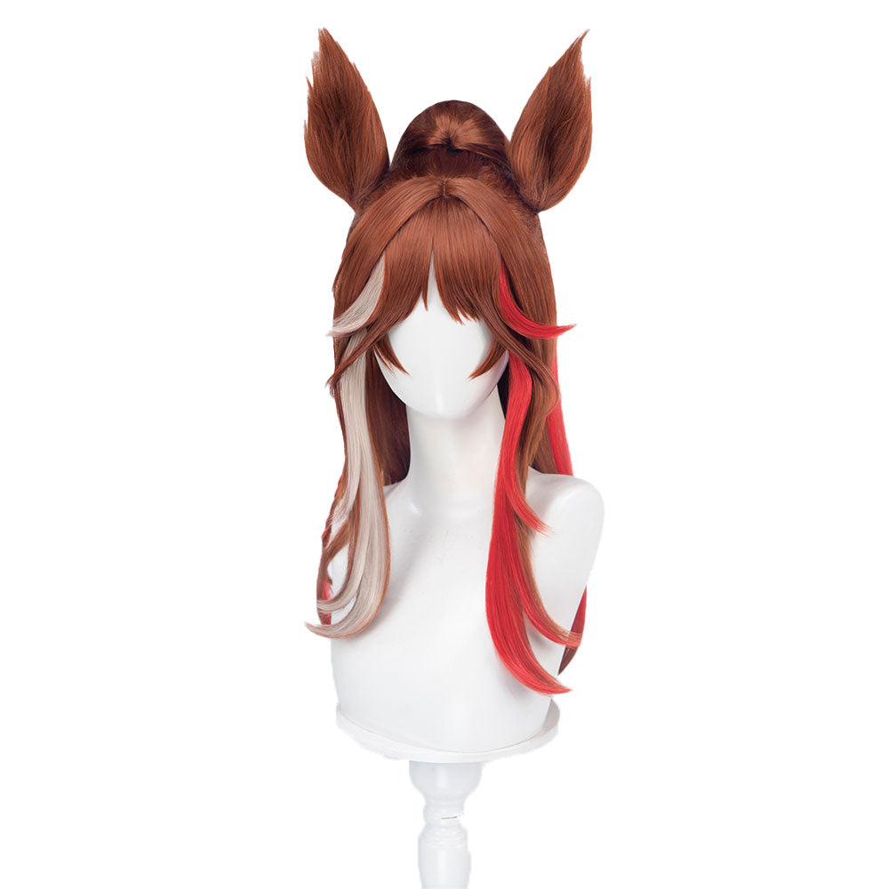 DokiDoki Game Cosplay Wig Long Curly Brown Hair Silver Red Highlight Detachable Ears