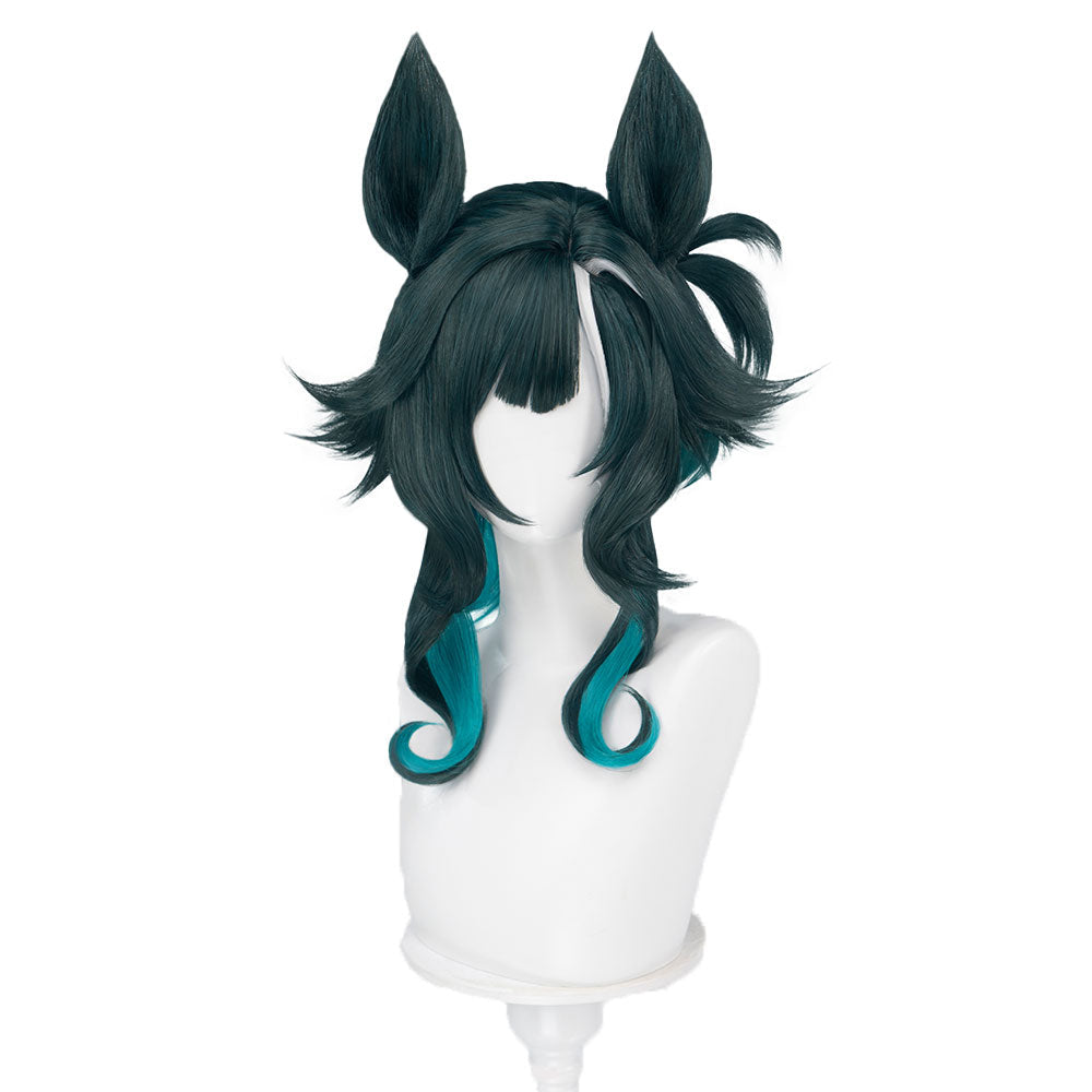 DokiDoki Game Cosplay Wig Short Curly Green Hair White Highlight Detachable Ears