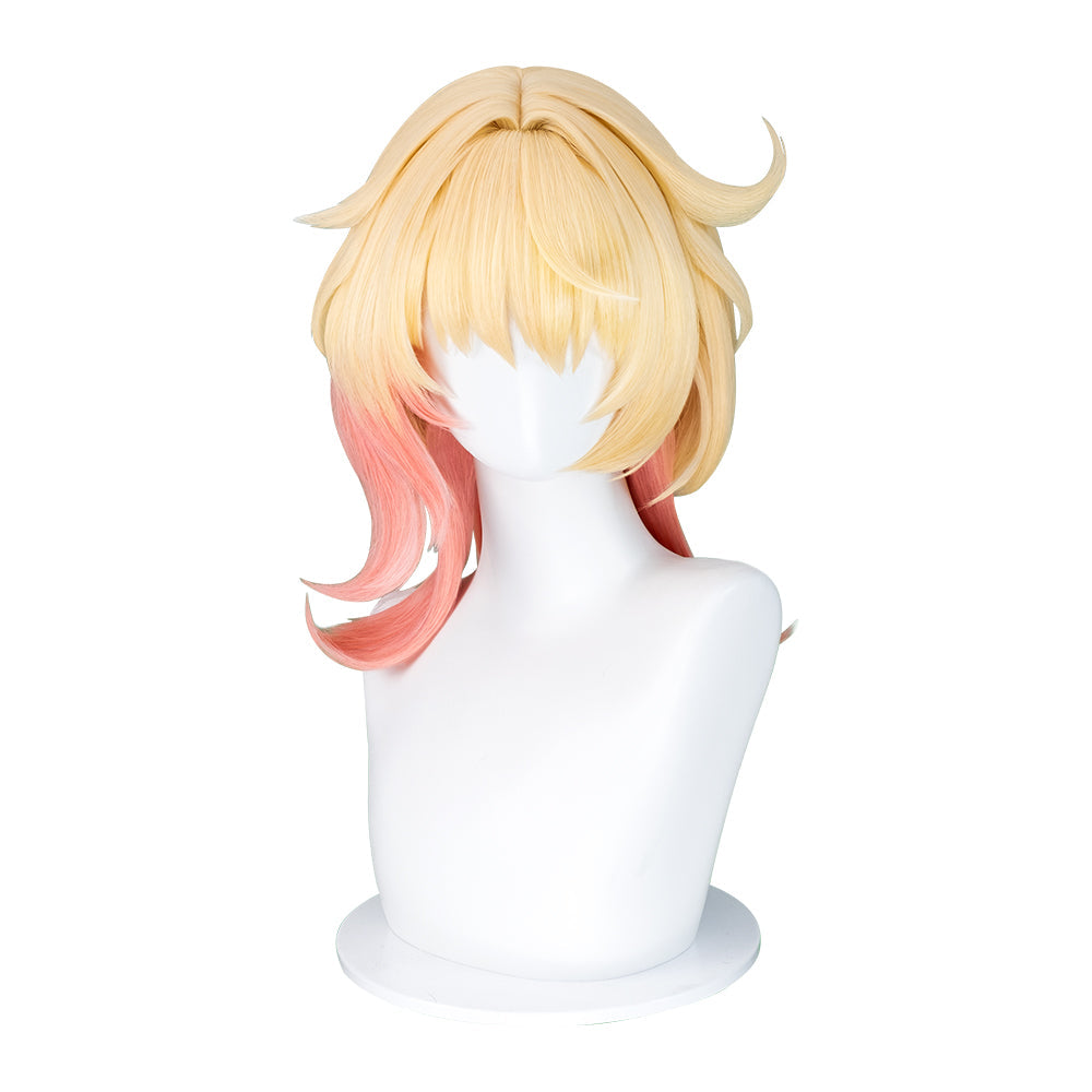 【Ready For Ship】DokiDoki Game Genshin Impact Cosplay Emilie Wig Short Curly Yellow Pink Hair Fontaine / Perfume bottle Necklace / Glasses Prop