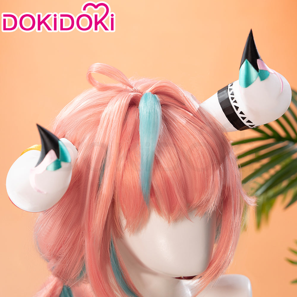 【Wig Ready For Ship】DokiDoki Game Genshin Impact Cosplay Varesa Wig / Horn / Eyelashes Long Pink Green Highlights Hair Removable Ahoge