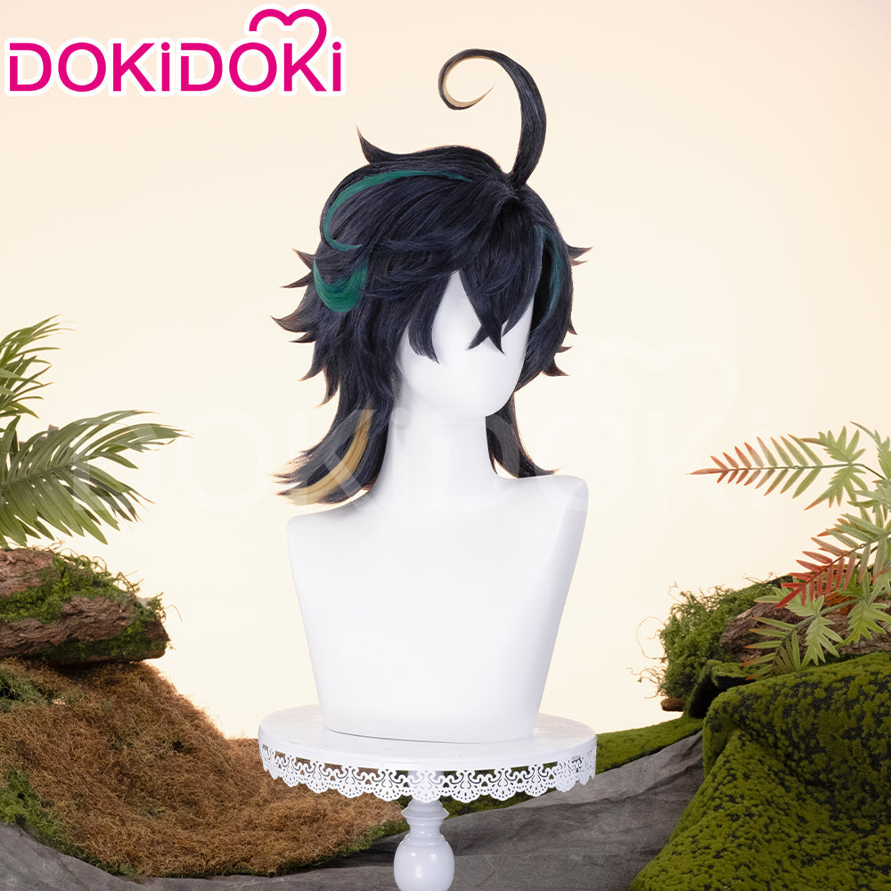 【Ready For Ship】DokiDoki Game Genshin Impact Cosplay Kinich Wig Short Black Green / Yellow Highlights Hair / Tattoo Sticker / Ear Clip / Head Accessories /  Weft Natlan