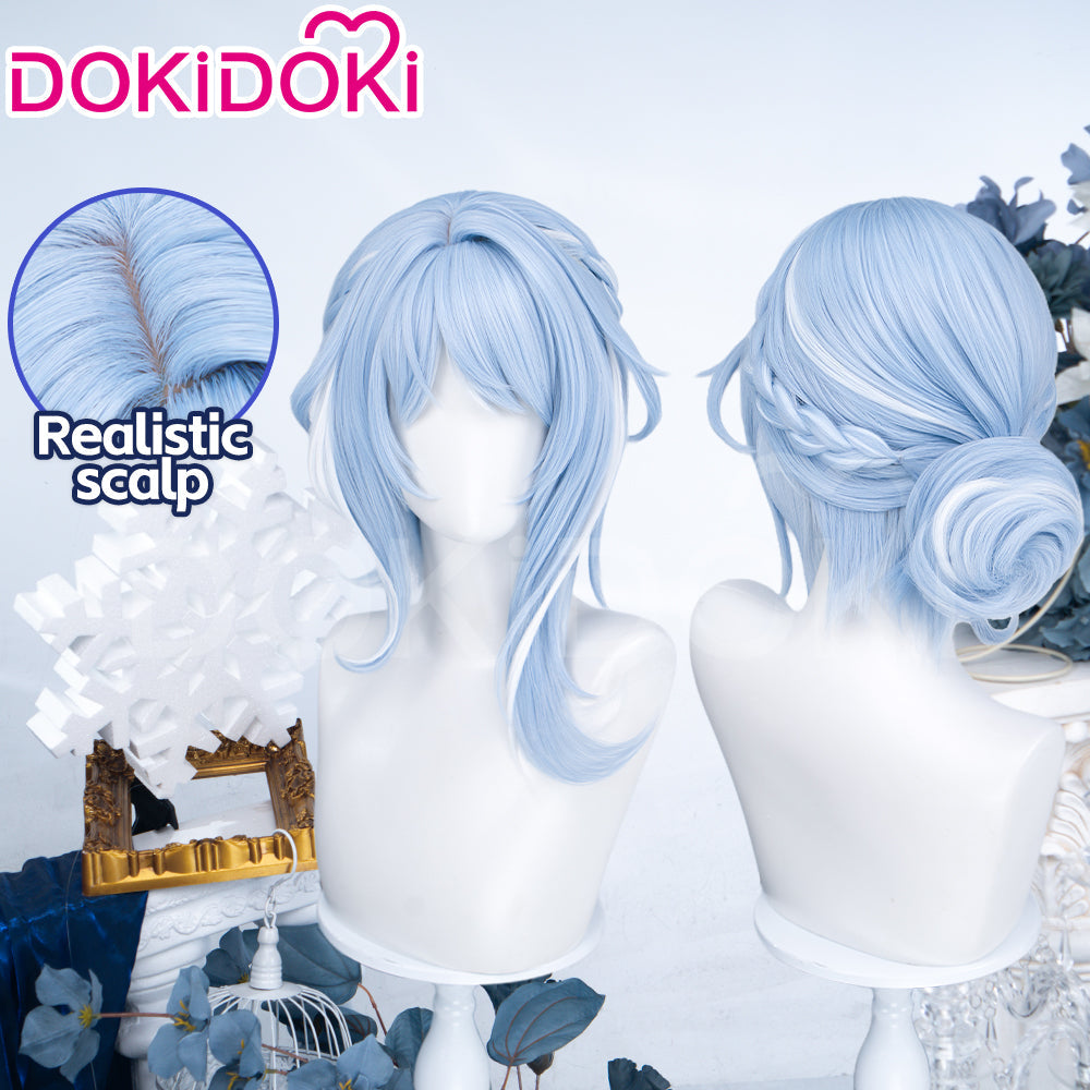 DokiDoki Game Genshin Impact Cosplay Odette Wig Long Blue White Highlight Hair Buns Snezhnaya