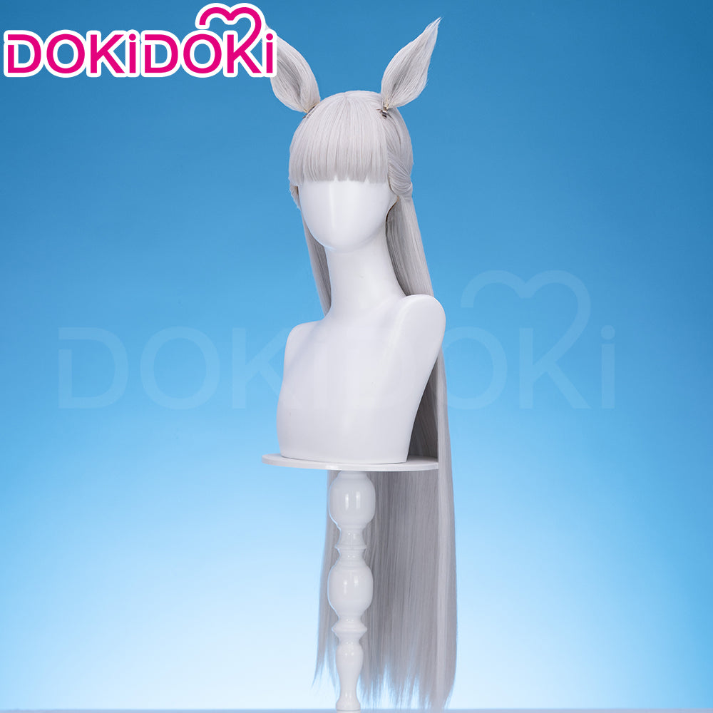 DokiDoki Game Cosplay Wig Long Straight Silver Hair Detachable Ears