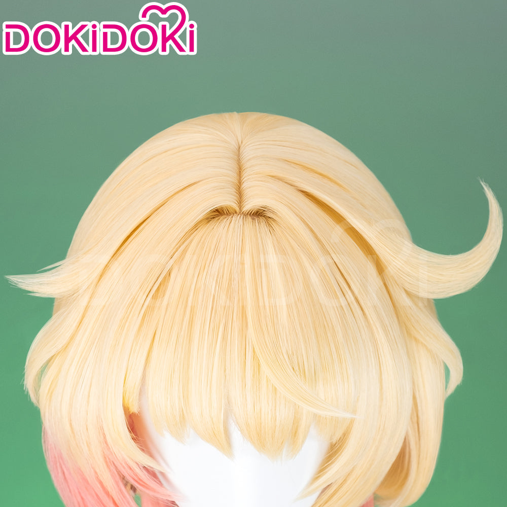 【Ready For Ship】DokiDoki Game Genshin Impact Cosplay Emilie Wig Short Curly Yellow Pink Hair Fontaine / Perfume bottle Necklace / Glasses Prop