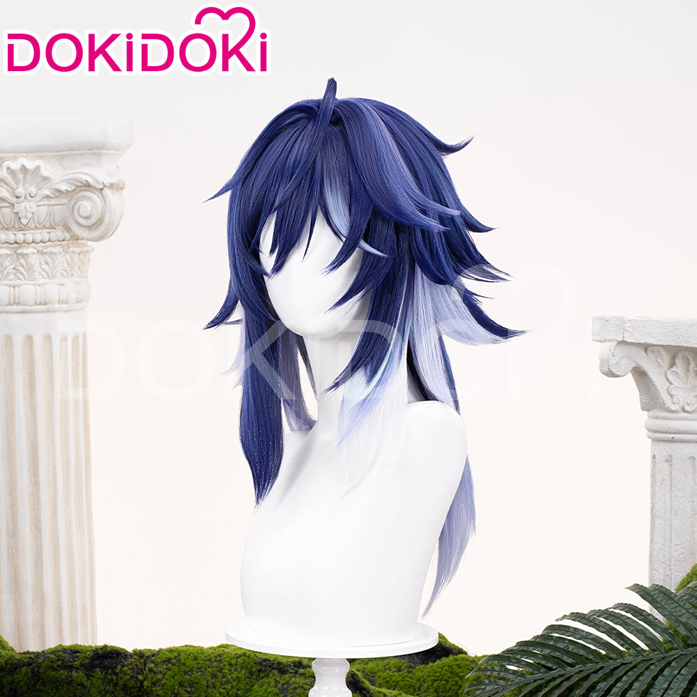 【Ready For Ship】DokiDoki Game Genshin Impact Ororon Cosplay Wig / Tattoo Sticker / Ears Long Straight Navy Blue Light Blue Highlights Hair Natlan