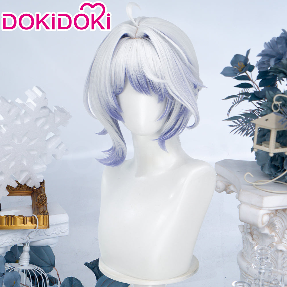 DokiDoki Game Genshin Impact Cosplay Aksinya Wig Short Silver Purple Highlight Hair Court Jester Snezhnaya