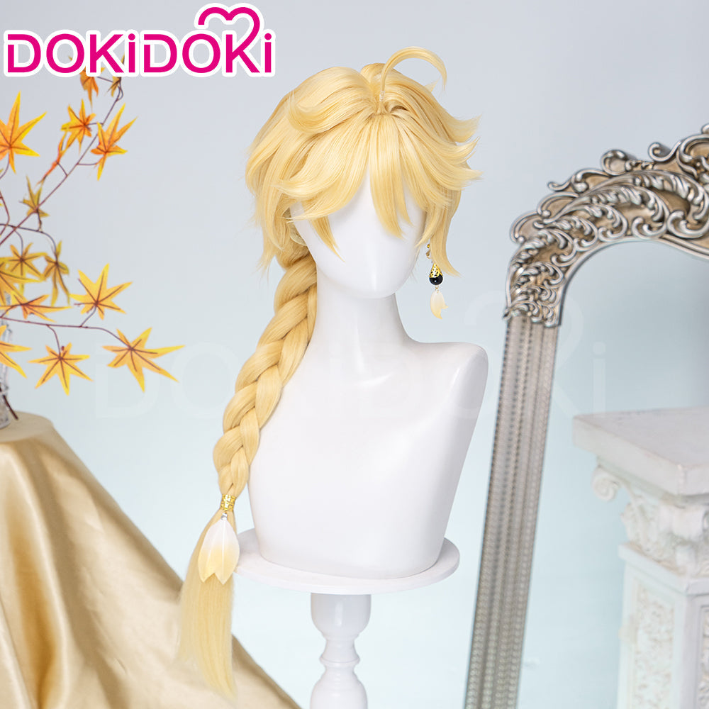 【Partially Ready For Ship】DokiDoki Game Genshin Impact Cosplay Traveler Aether Wig / Earring Long Blonde Hair Kong As Heaven and Earth Are Made Anew