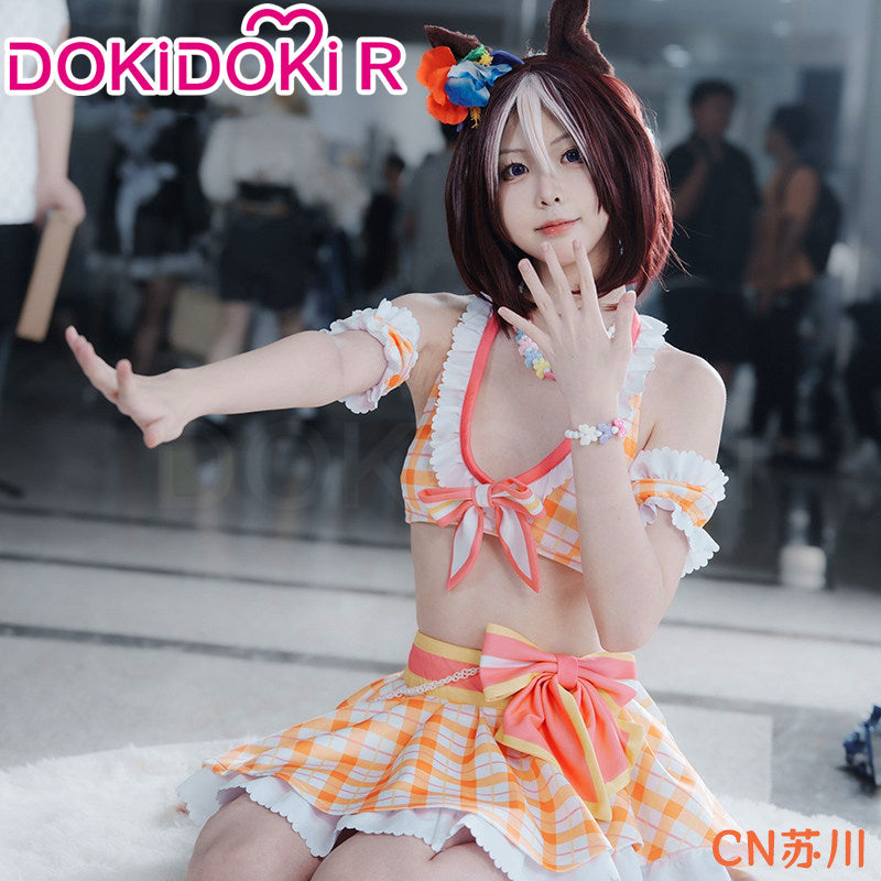 【Size XS-XL】DokiDoki-R Anime Game Cosplay Costume White Orange Swimsuit Hopping ♪ Happy Heart