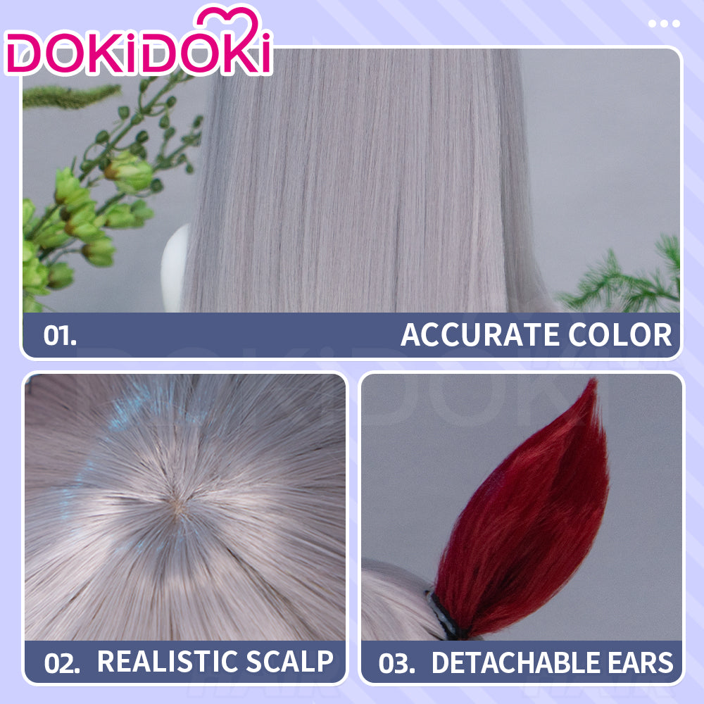 DokiDoki Game Cosplay Wig Long Straight Silver Hair Red Detachable Ears