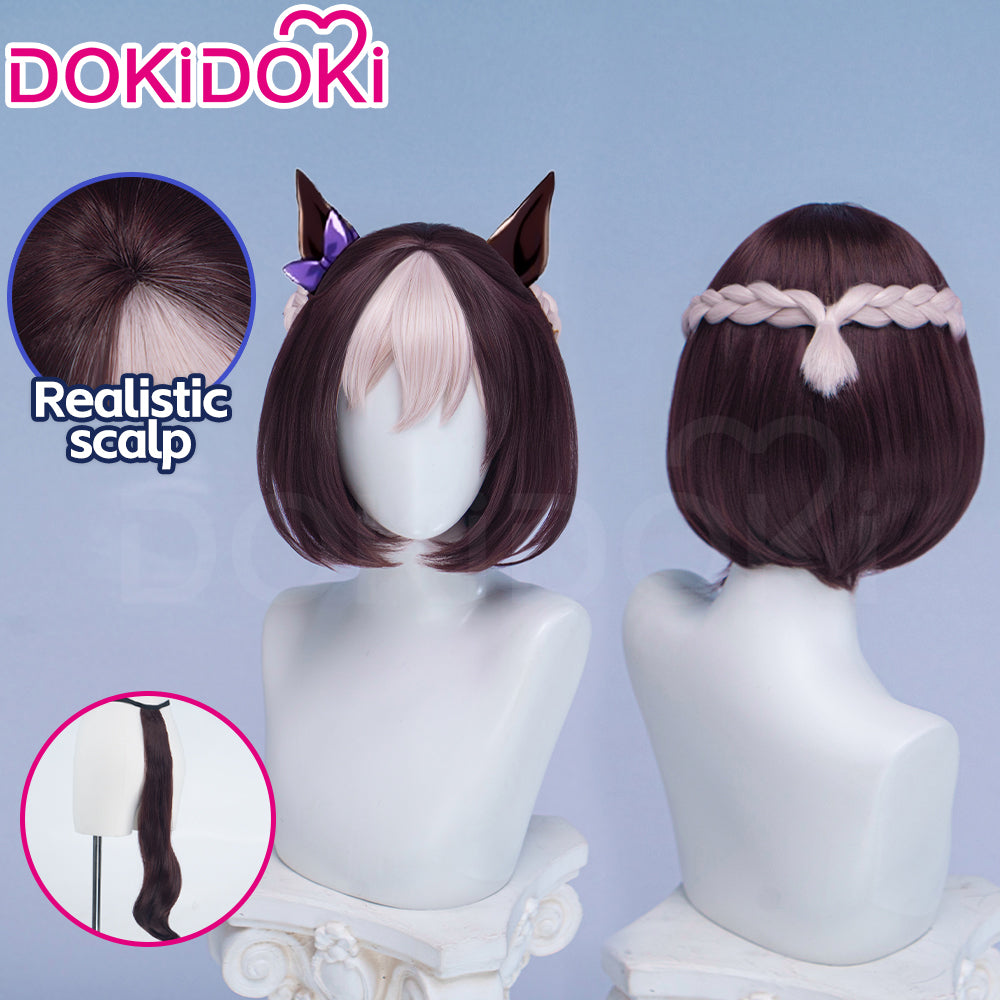 【Ready For Ship】DokiDoki Game Cosplay Wig / Tail Short Straight Brown White Highlight Hair