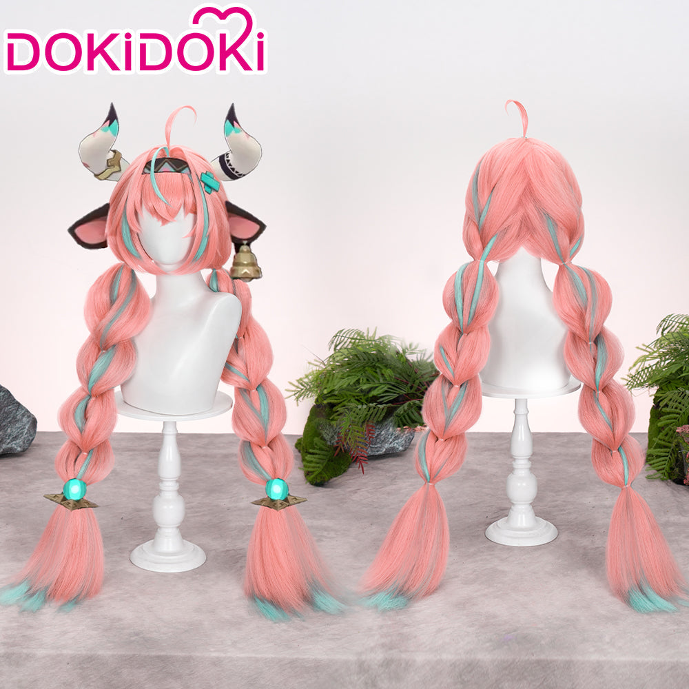 【US/EU LOCAL SHIPPING 】 DokiDoki Game Genshin Impact Cosplay Varesa Wig Long Pink Green Highlights Hair Removable Ahoge