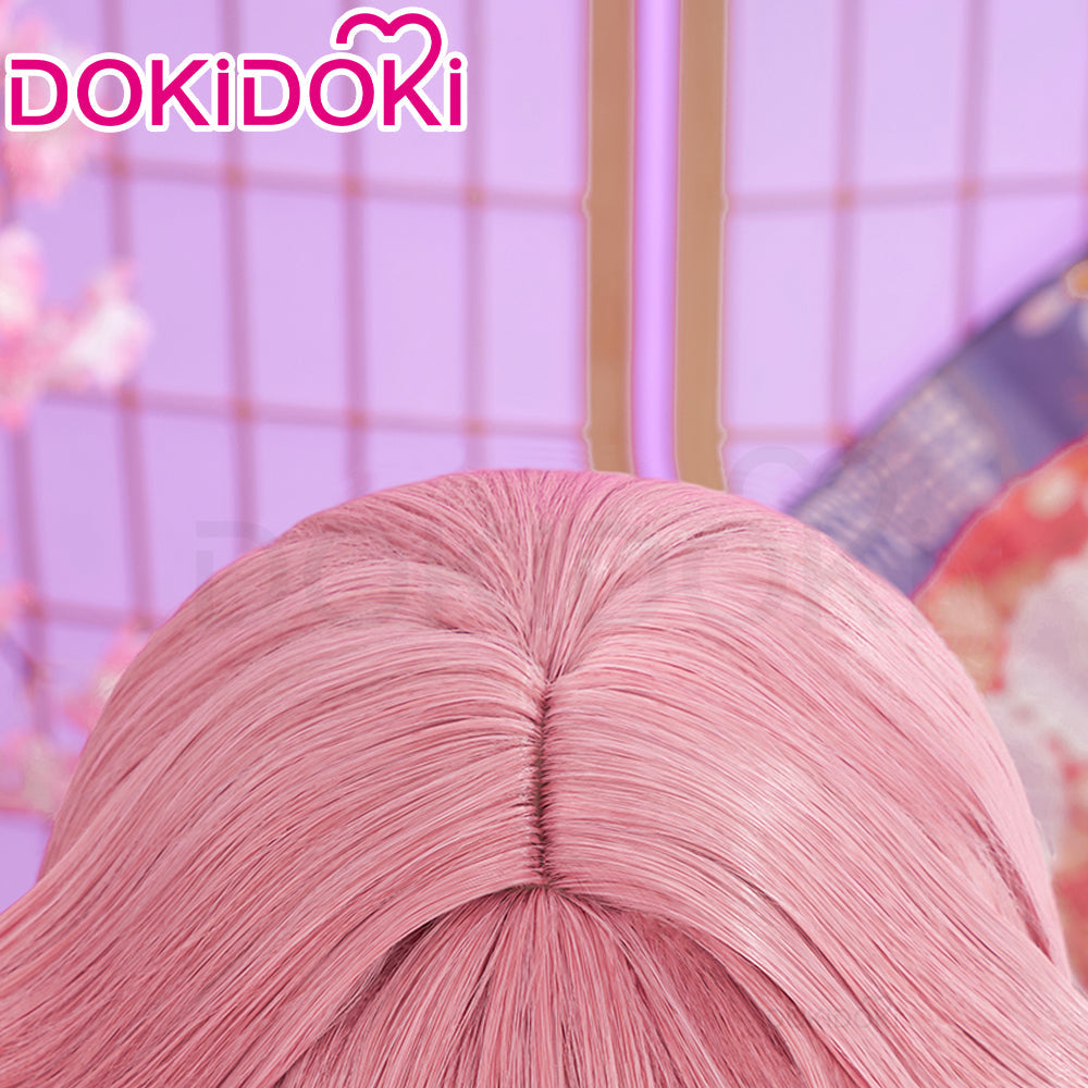【Ready For Ship】DokiDoki Game Genshin Impact Yae Miko Cosplay Wig Long Dark Pink/ Earring