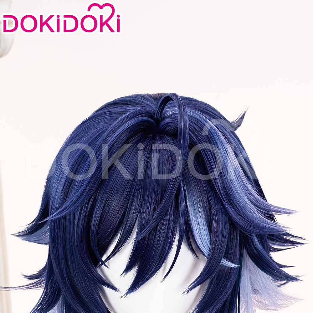 【Ready For Ship】DokiDoki Game Genshin Impact Ororon Cosplay Wig / Tattoo Sticker / Ears Long Straight Navy Blue Light Blue Highlights Hair Natlan