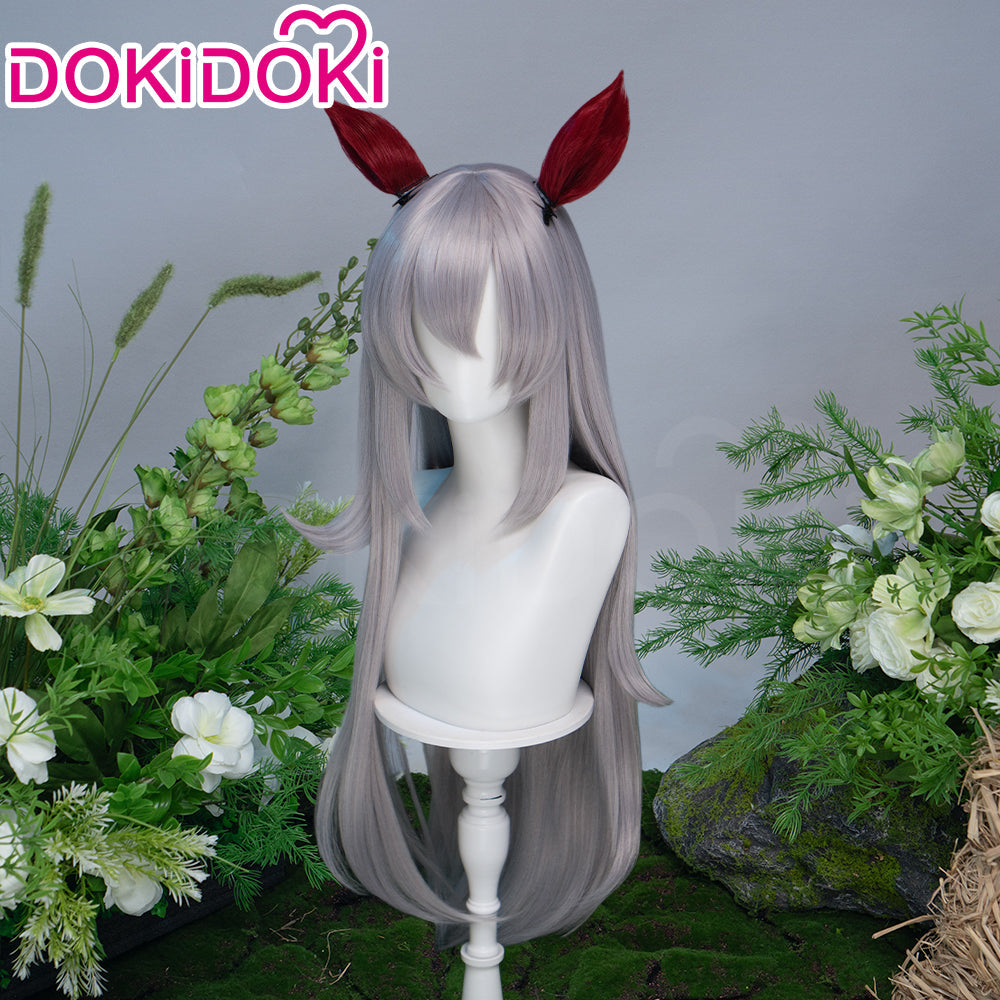 DokiDoki Game Cosplay Wig Long Straight Silver Hair Red Detachable Ears