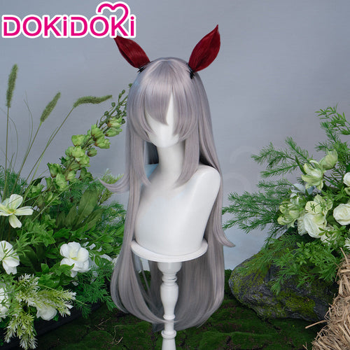 DokiDoki Game Cosplay Wig Long Straight Silver Hair Red Detachable Ears