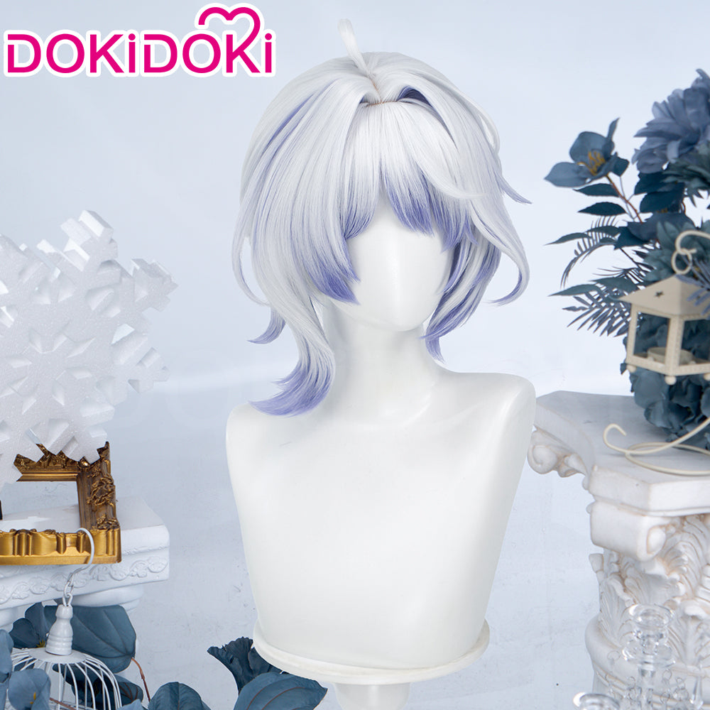 DokiDoki Game Genshin Impact Cosplay Aksinya Wig Short Silver Purple Highlight Hair Court Jester Snezhnaya