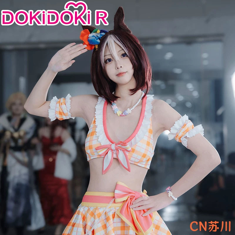 【Size XS-XL】DokiDoki-R Anime Game Cosplay Costume White Orange Swimsuit Hopping ♪ Happy Heart