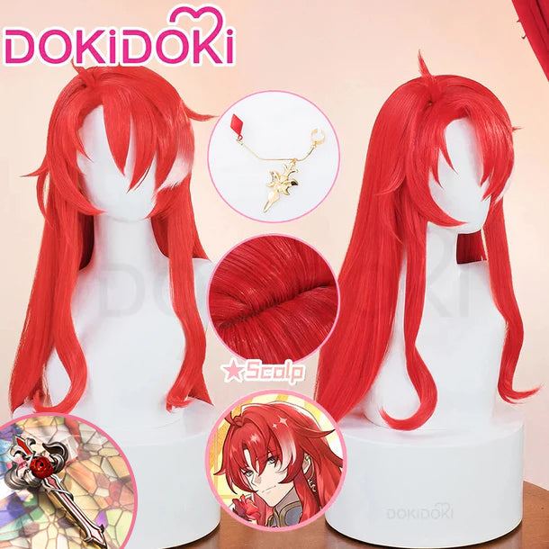 【Ready For Ship】DokiDoki Game Honkai: Star Rail Cosplay Argenti Wig Long Curly Red Hair / Earring / Cross