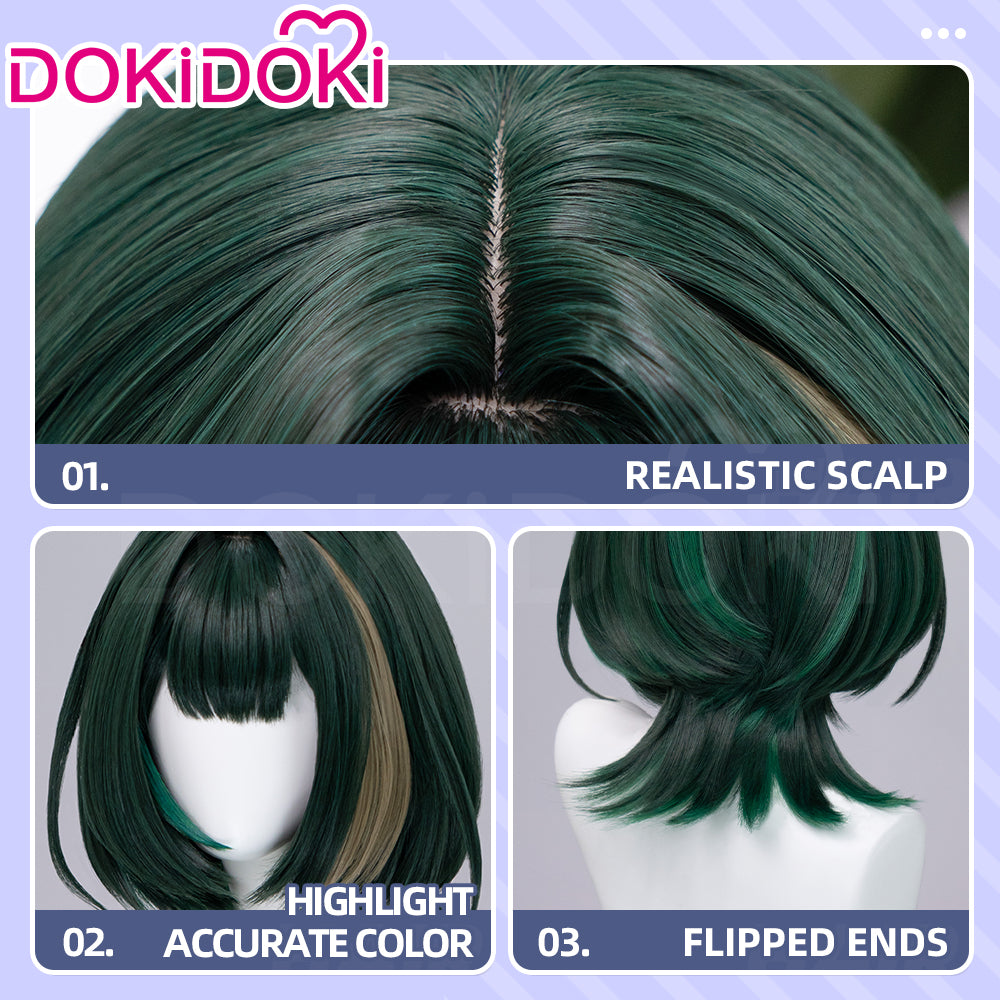 【EU Local Shipping】DokiDoki Game Genshin Impact Cosplay Nefer Wig Short Green Highlight Hair Songof the Welkin Moon