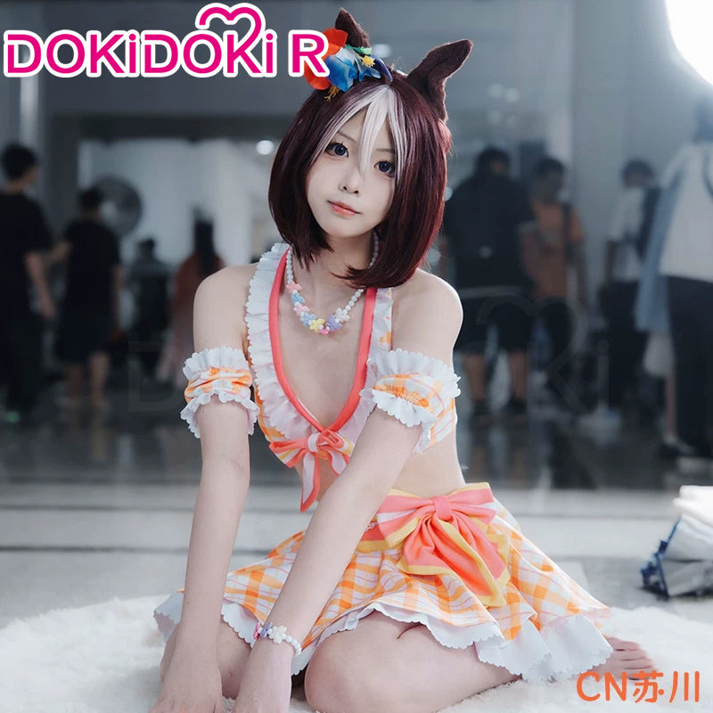 【Size XS-XL】DokiDoki-R Anime Game Cosplay Costume White Orange Swimsuit Hopping ♪ Happy Heart