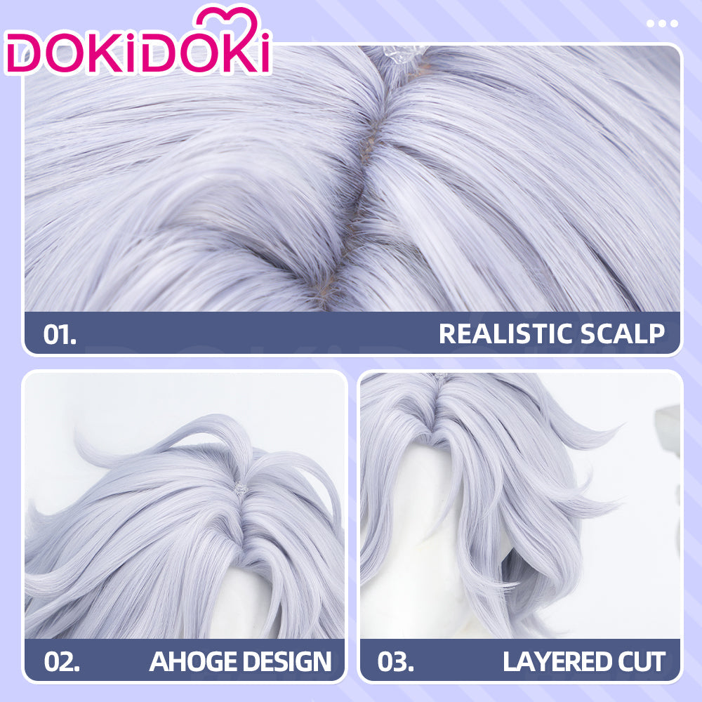 【Dark Ver Ready For Ship】DokiDoki Game Genshin Impact Cosplay Mitya Wig Short Curly Light Purple Gray Hair Snezhnaya Sudden Snow