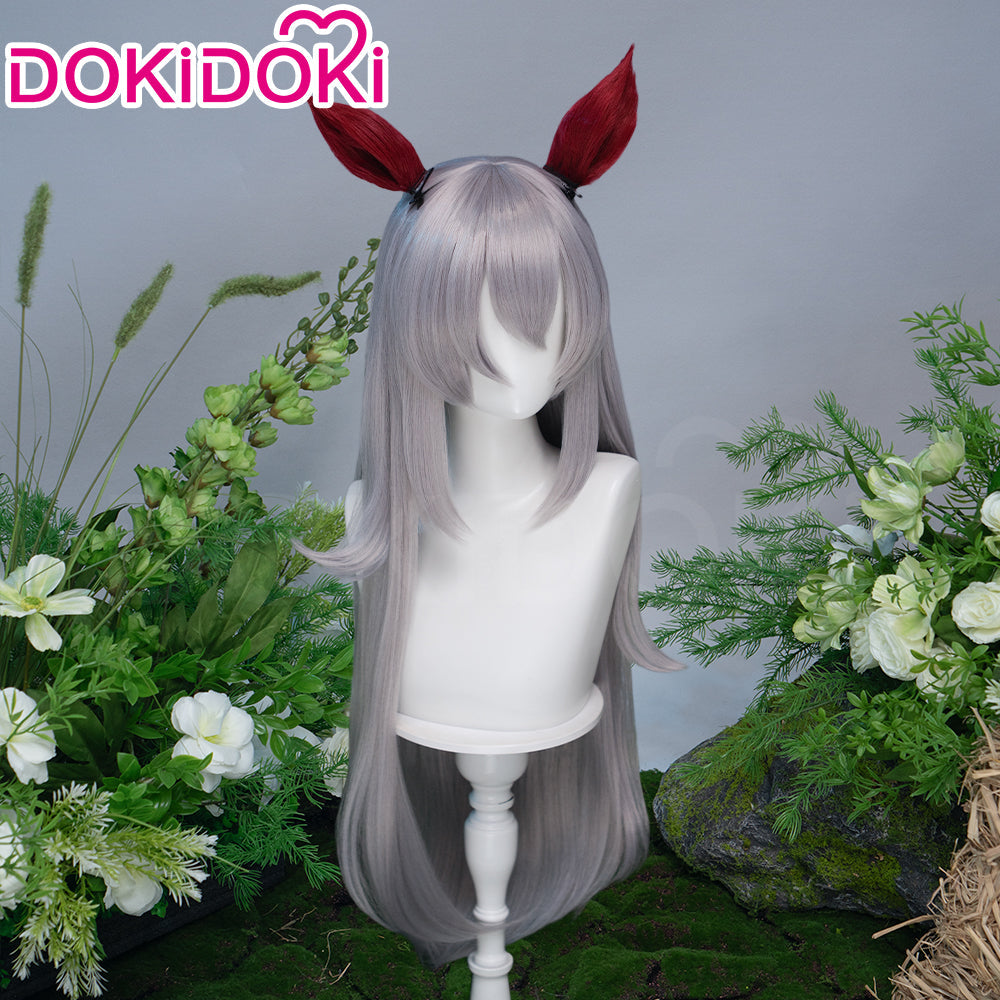 DokiDoki Game Cosplay Wig Long Straight Silver Hair Red Detachable Ears