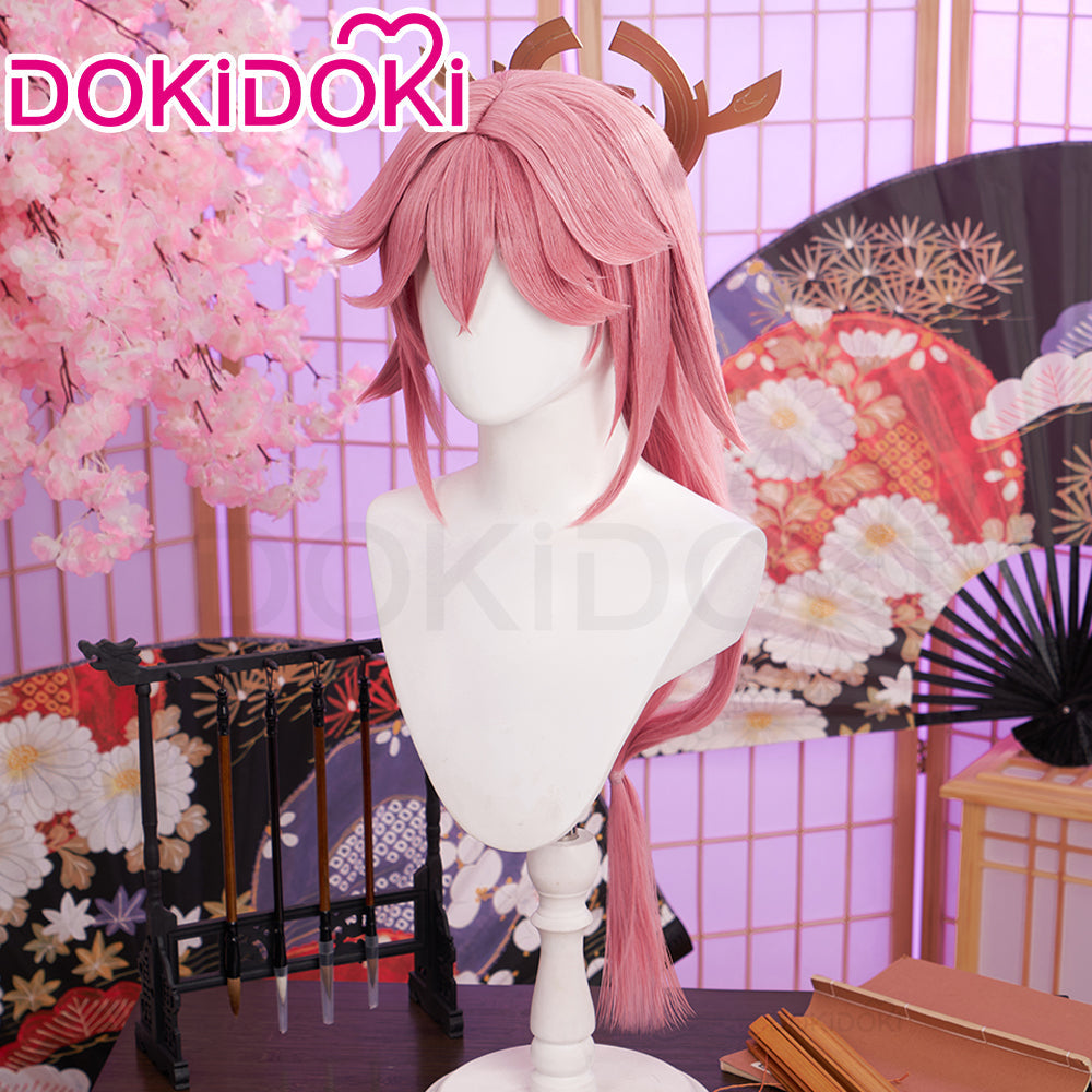 【Ready For Ship】DokiDoki Game Genshin Impact Yae Miko Cosplay Wig Long Dark Pink/ Earring