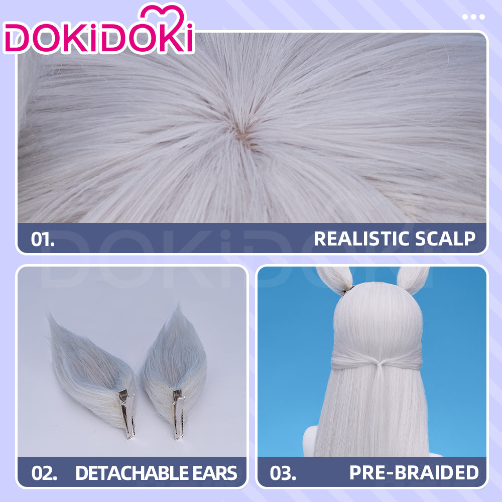 DokiDoki Game Cosplay Wig Long Straight Silver Hair Detachable Ears