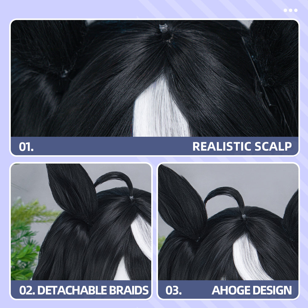 DokiDoki Anime Game Cosplay Wig Short Black White Hair Detachable Braids