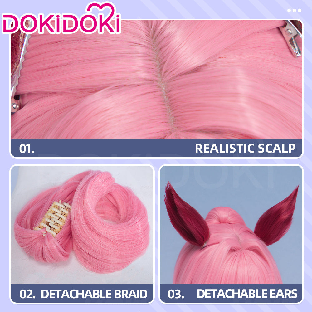 【Ready For Ship】DokiDoki Game Cosplay Wig / Tail Long Curly Pink Hair Ponytail Detachable Braid