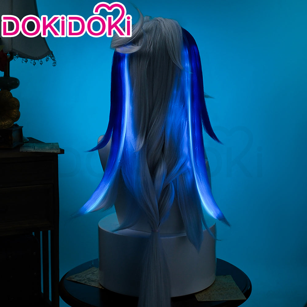 【Partially Ready For Ship】DokiDoki Game Genshin Impact Cosplay Fontaine Neuvillette Wig Long Grey Blue Highlight / Lightstrip / Wefts Melusent Gift