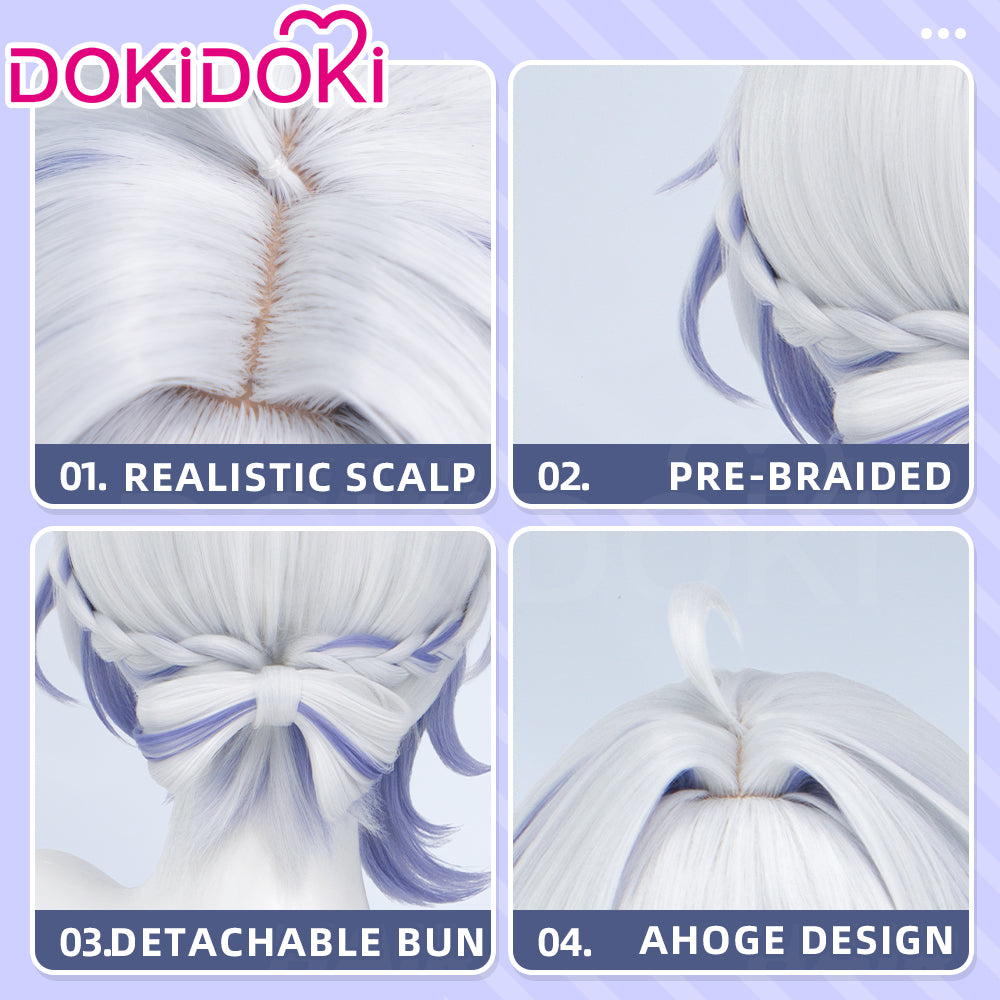 DokiDoki Game Genshin Impact Cosplay Aksinya Wig Short Silver Purple Highlight Hair Court Jester Snezhnaya