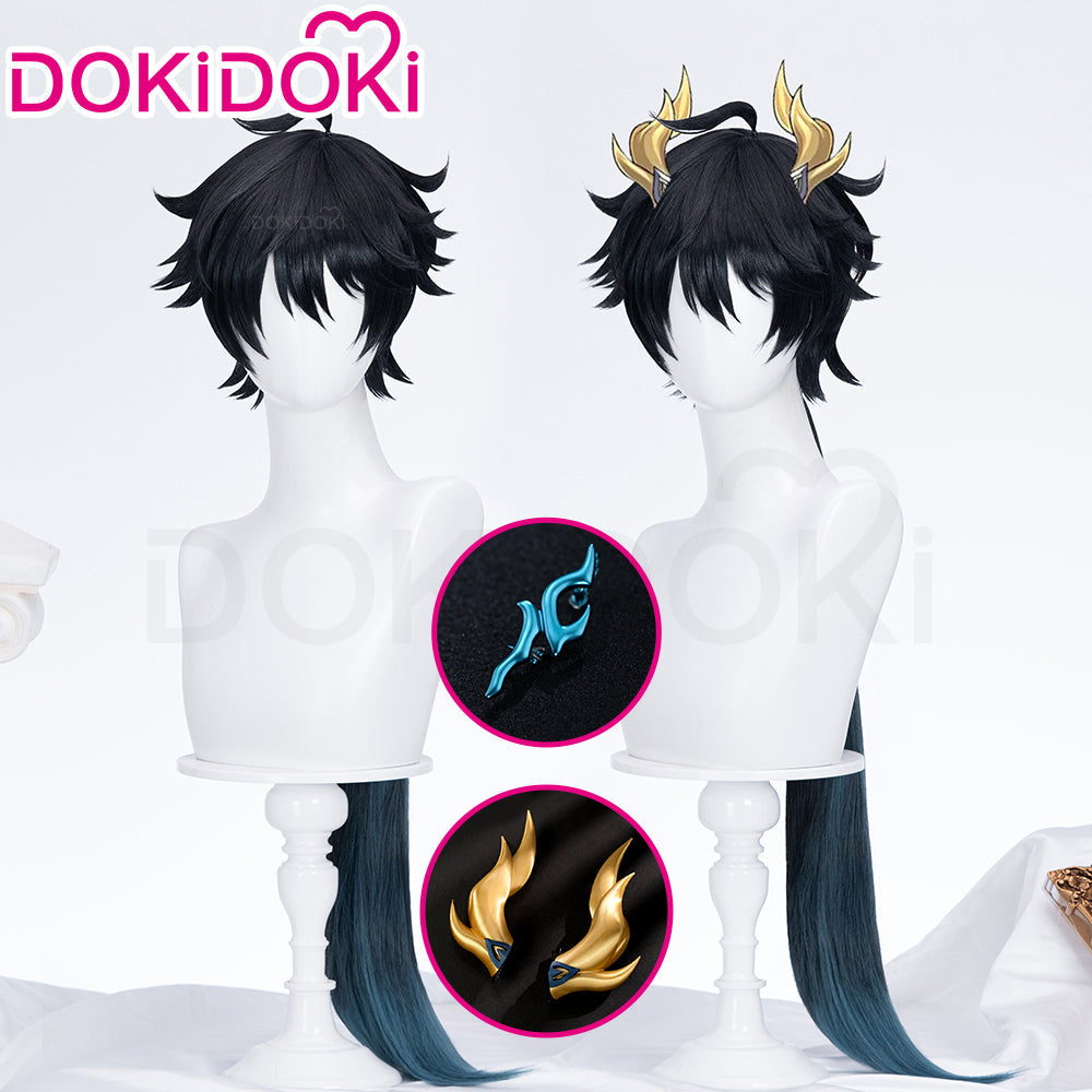 DokiDoki Game Honkai: Star Rail Cosplay Dan Heng Permansor Terrae Wig / Horn / Ear Clip Danheng Long Black Hair Accessory