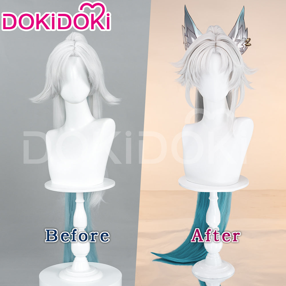 【Ready For Ship】DokiDoki Game Honkai: Star Rail Cosplay Feixiao Wig Long Straight Grey Blue Hair / Tattoo Sticker Fei Xiao