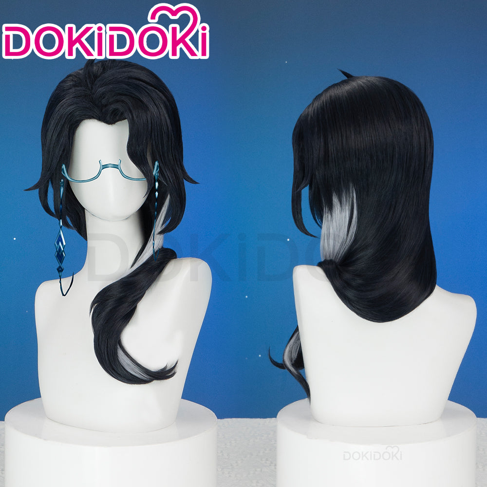 【Ready For Ship】DokiDoki Game Genshin Impact Cosplay Pantalone Wig / Glasses Short Curly Black Purple Hair Fatui Harbinger