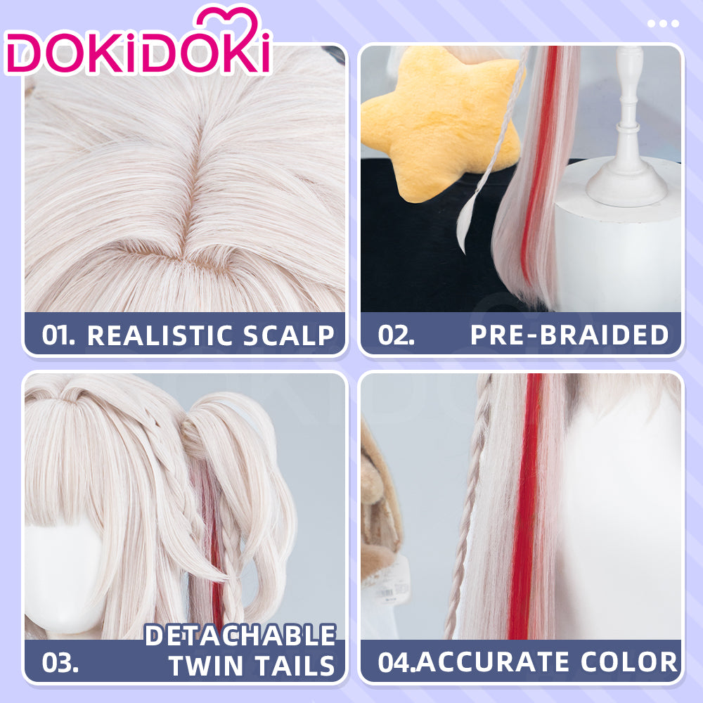 DokiDoki Game Honkai: Star Rail Cosplay Sparxie Wig Long Straight White Hair Red Highlight Hair Twin Tails Sparkle SP Candy-Coated Waves
