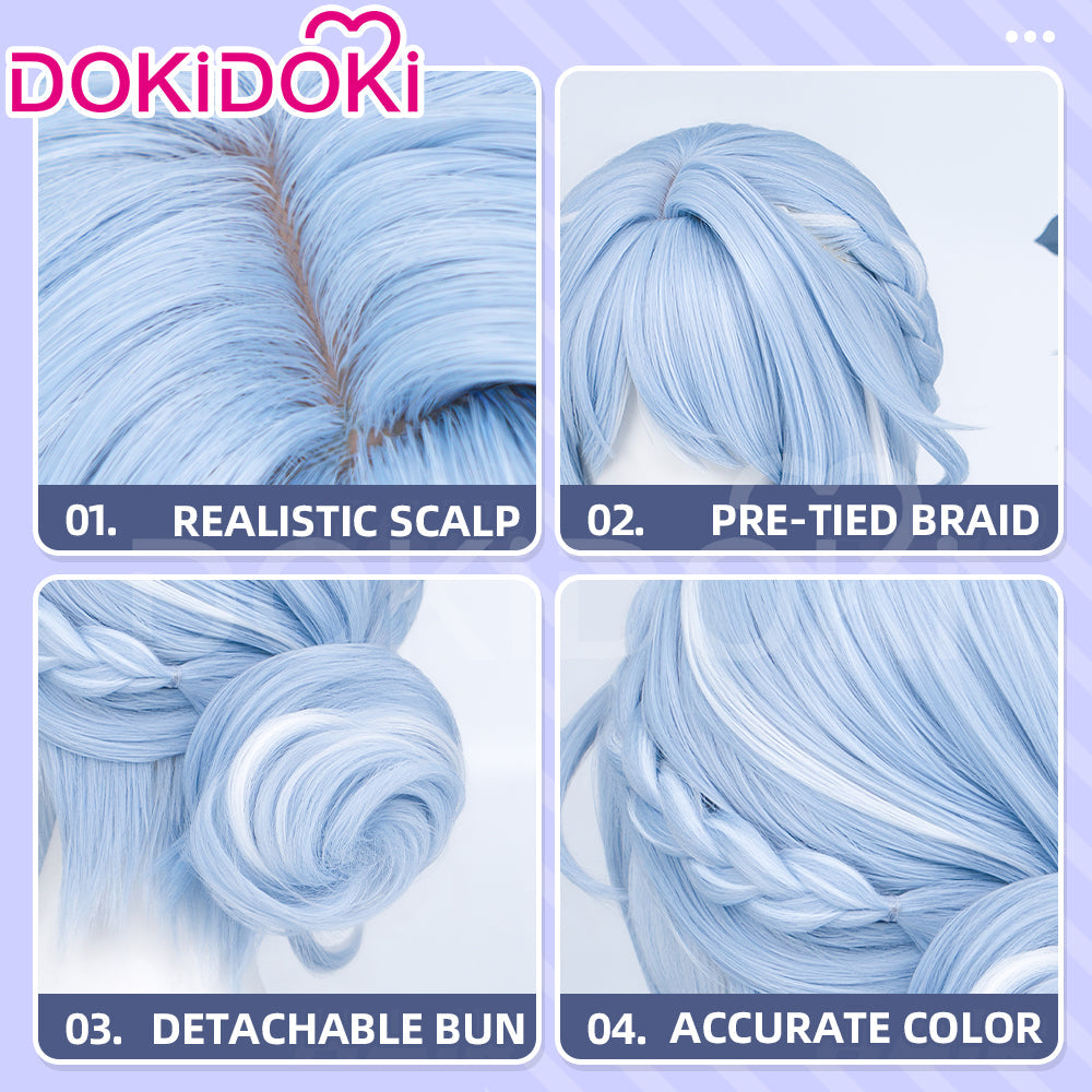 DokiDoki Game Genshin Impact Cosplay Odette Wig Long Blue White Highlight Hair Buns Snezhnaya