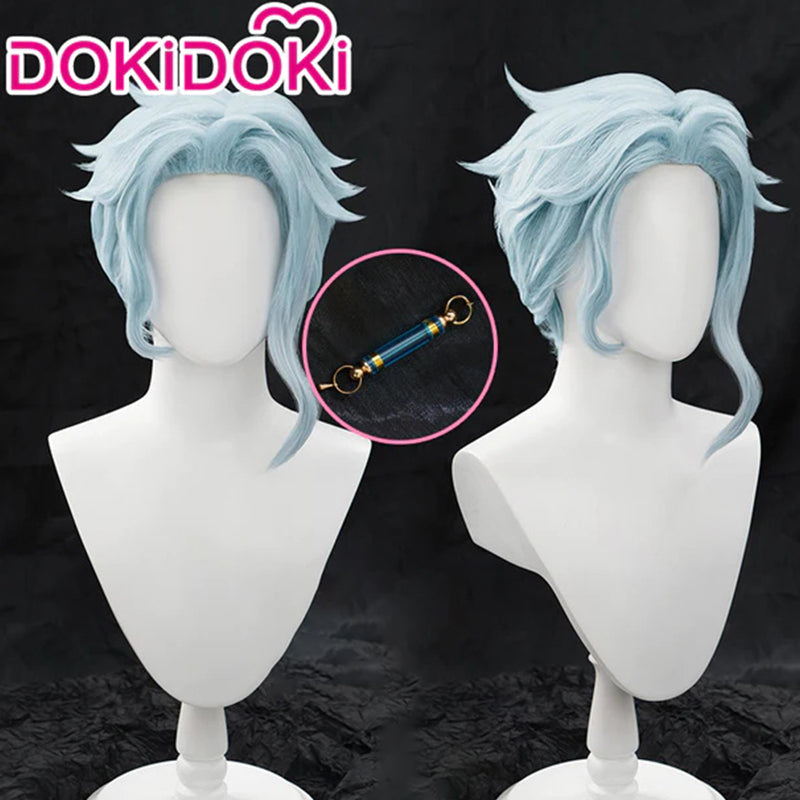 【Ready For Ship】DokiDoki Game Genshin Impact Fatui Harbinger Cosplay  Il Dottore Wig / Earrings Short Curly Blue