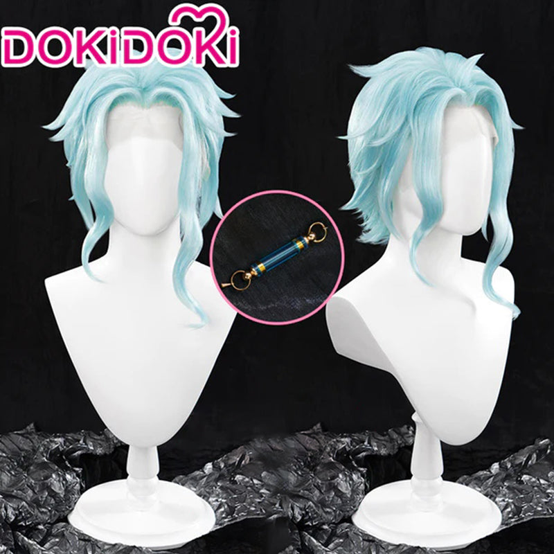 【Ready For Ship】【Front Lace】DokiDoki Game Genshin Impact Fatui Harbinger Cosplay Il Dottore Wig Short Curly Blue