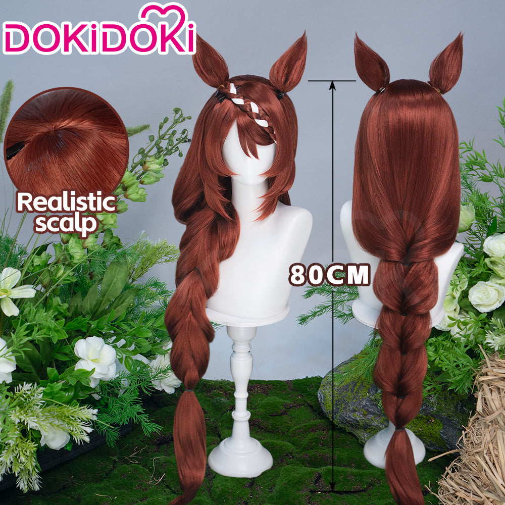 DokiDoki Game Cosplay Wig Long Straight Brown Braided Hair Detachable Ears
