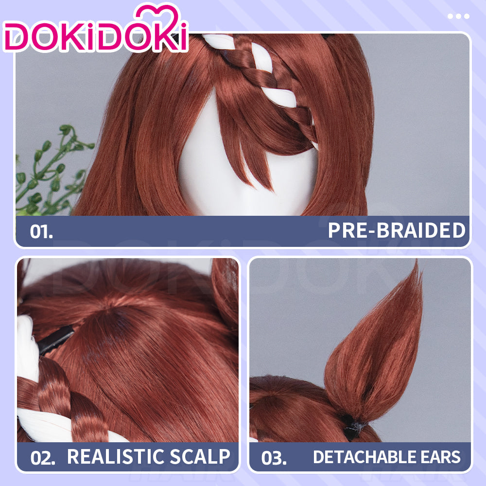 DokiDoki Game Cosplay Wig Long Straight Brown Braided Hair Detachable Ears