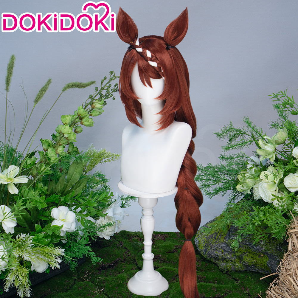 DokiDoki Game Cosplay Wig Long Straight Brown Braided Hair Detachable Ears