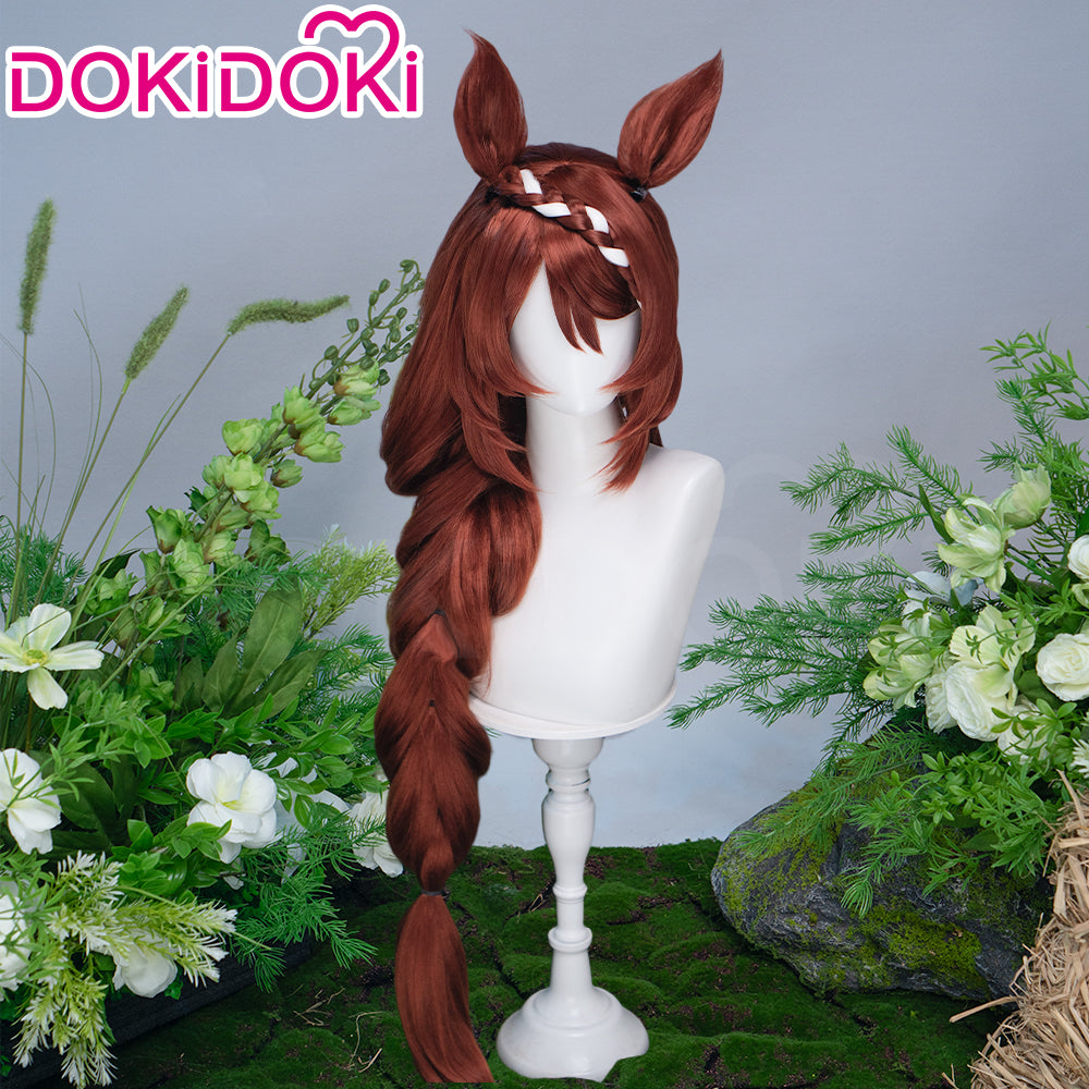 DokiDoki Game Cosplay Wig Long Straight Brown Braided Hair Detachable Ears