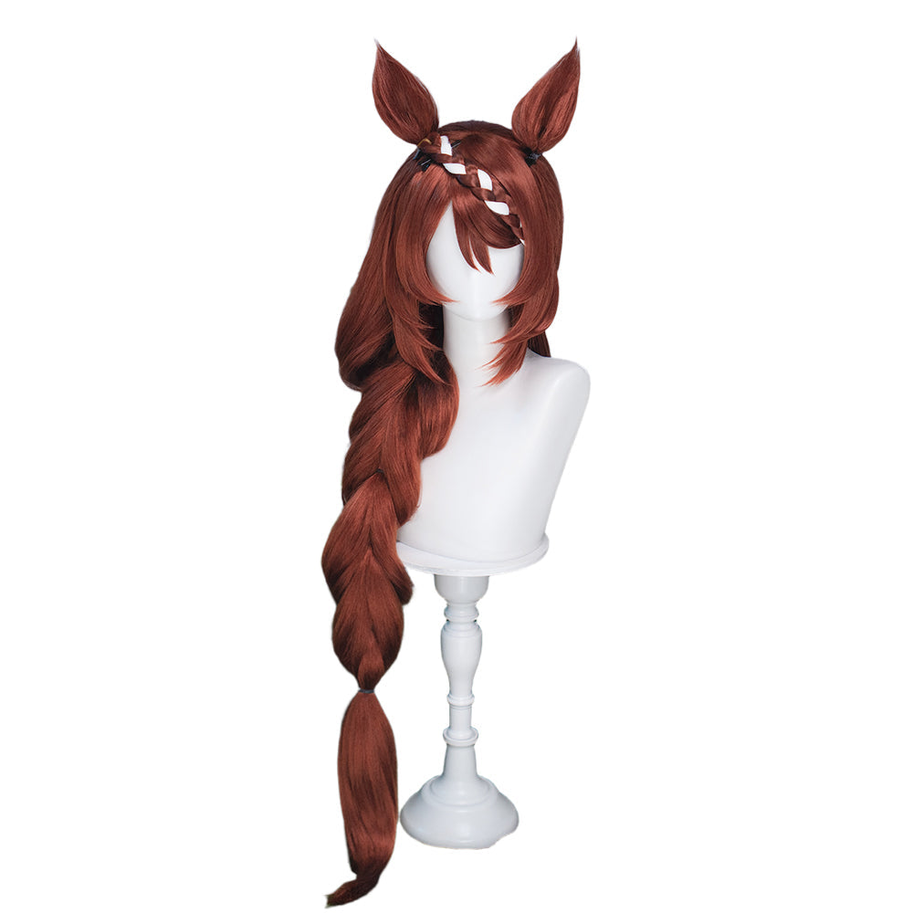 DokiDoki Game Cosplay Wig Long Straight Brown Braided Hair Detachable Ears