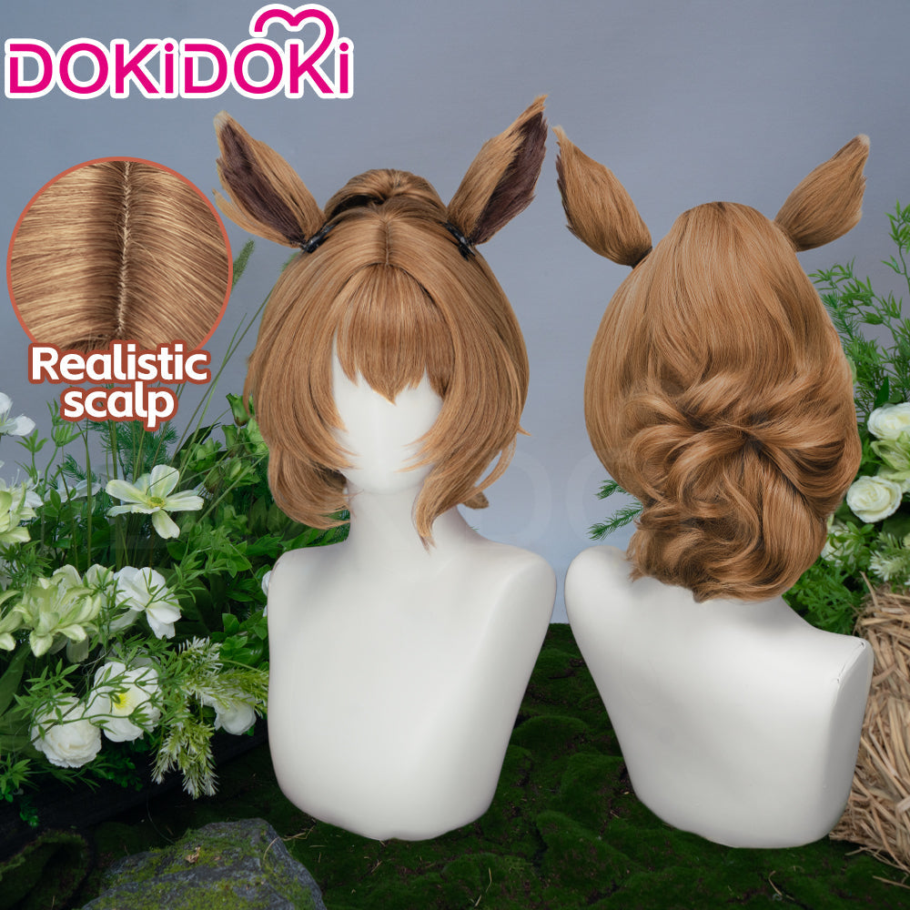 【Ready For Ship】DokiDoki Game Cosplay Wig Short Curly Brown Hair Detachable Ears