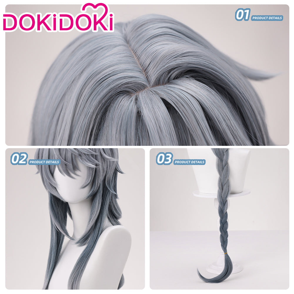 DokiDoki Game Honkai: Star Rail Cosplay Sunday Wig Long Straight Grey Hair Braided Ponytail The Glorious Mysteries Doujin