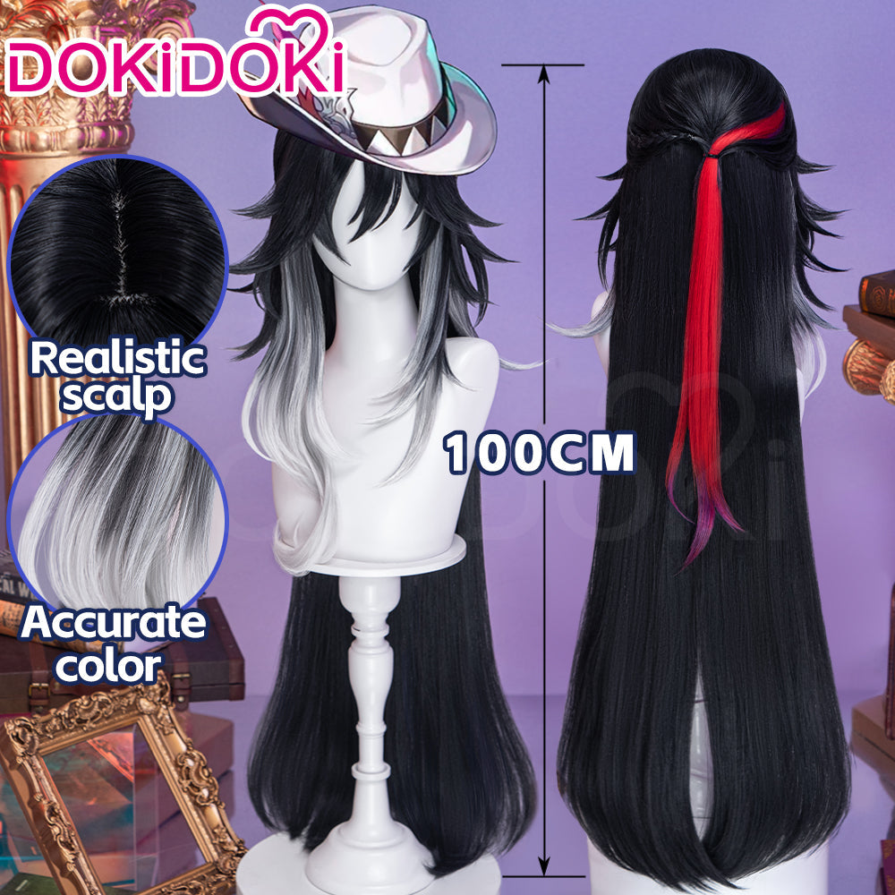【Ready For Ship】DokiDoki Honkai: Star Rail Cosplay Ashveil Wig Long Straight Dark Grey Silver Gradient Red Highlight Hair Planarcadia